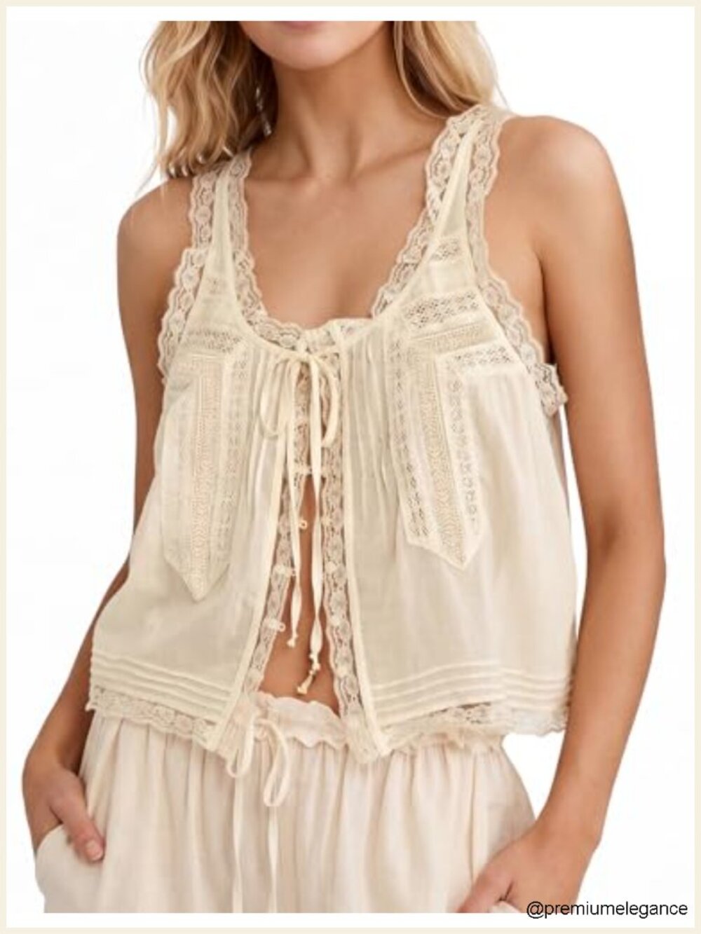 Boho Lace Tie Front Tank Beach Vacation Top Button Down Sleeveless Cardigan
